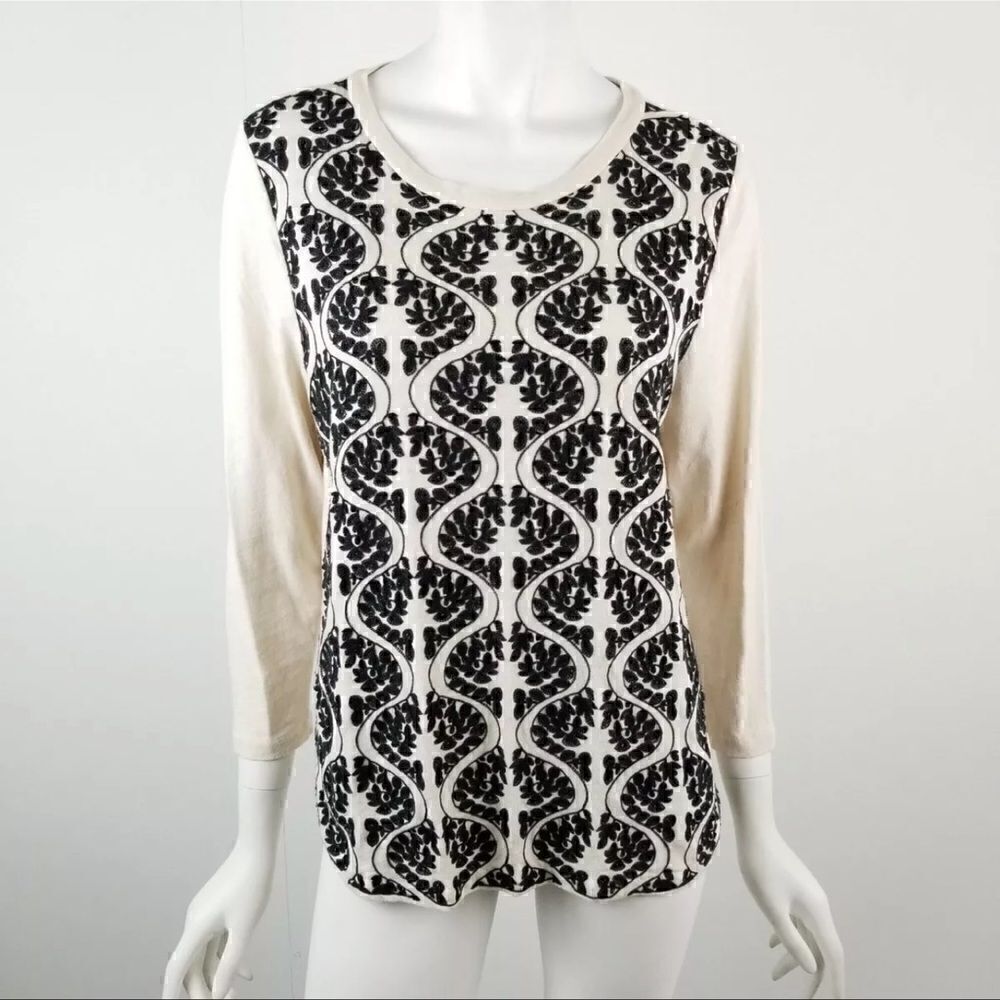 J. Crew Factory Damask Embroidered Front Top Black White Long Sleeve Size Large